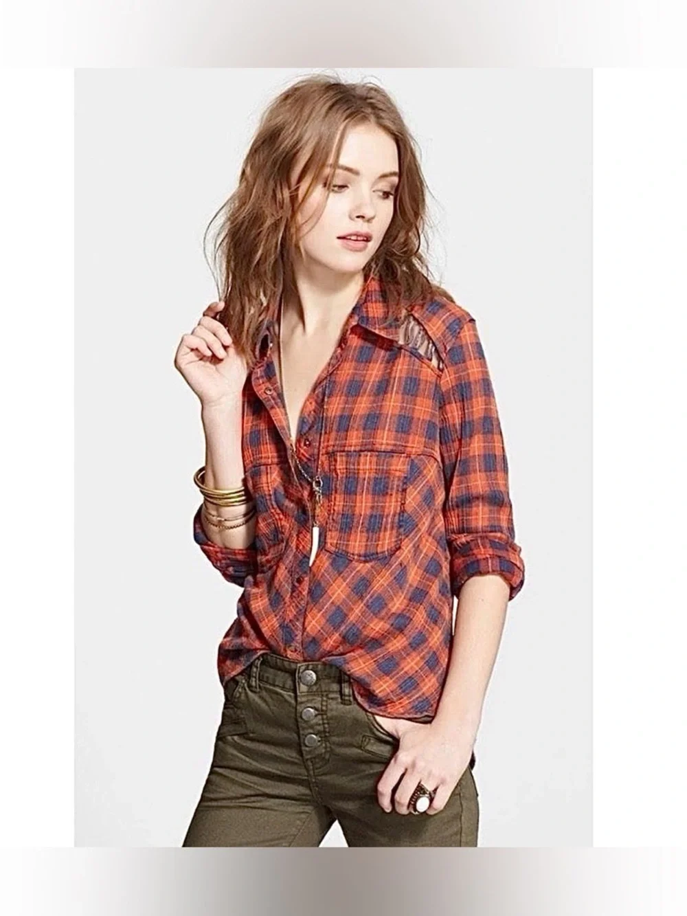 Free People Red Navy Plaid Button Down Shirt Boho Grunge Flannel Size Medium - Picture 3 of 11